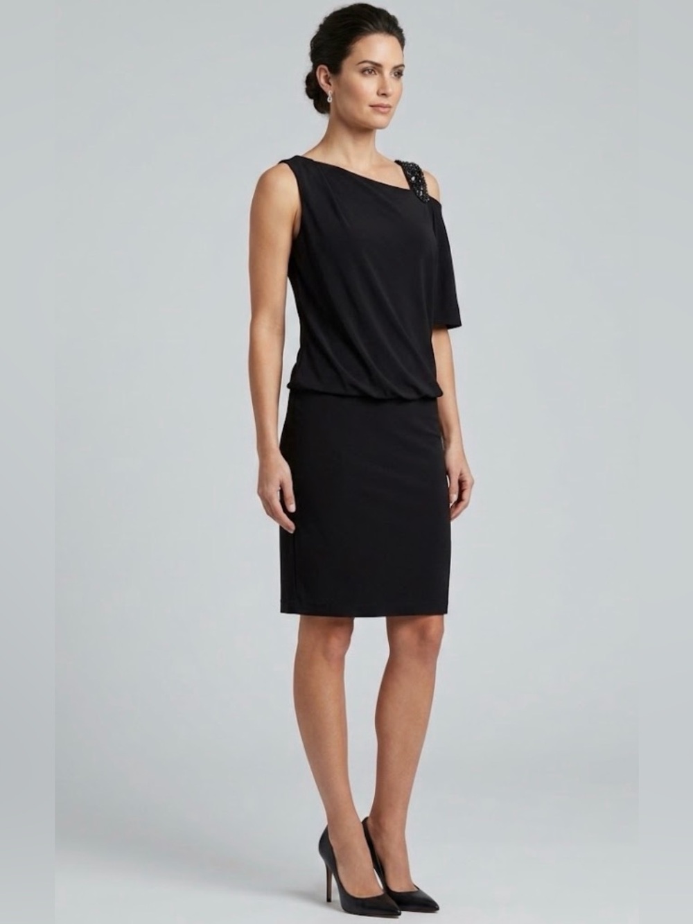 David Meister One Shoulder Cocktail Mini Dress Black Wedding Guest Dress Size:6